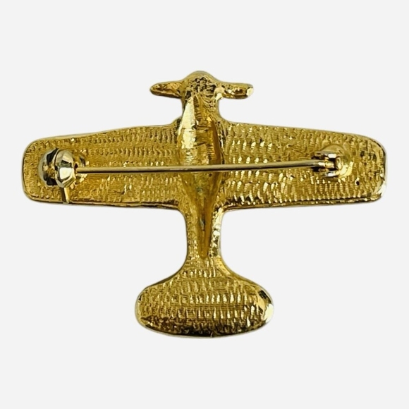 Vintage Gold Toned Metal Airplane Pin Brooch with Clear Crystals - Picture 3 of 4
